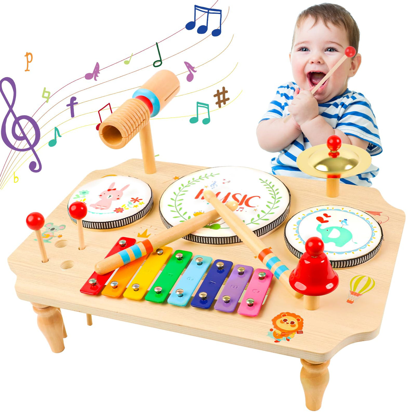LZDMY Schlagzeug Kinder, 11-in-1 Trommel Musikinstrumente für Kinder ab 1 2 3 Jahr mit Xylophon, Kinderspielzeug Holzspielzeug für Ostern Weihnacht Geschenk Junge Mädchen