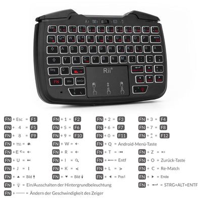 Rii Gaming Controller Wireless mit Tastatur mit Touchpad, 3-in-1-Funktionalität, 2,4GHz-Empfänger-Anschluss, Wiederaufladbare, Weiße Hintergrundbeleuchtung