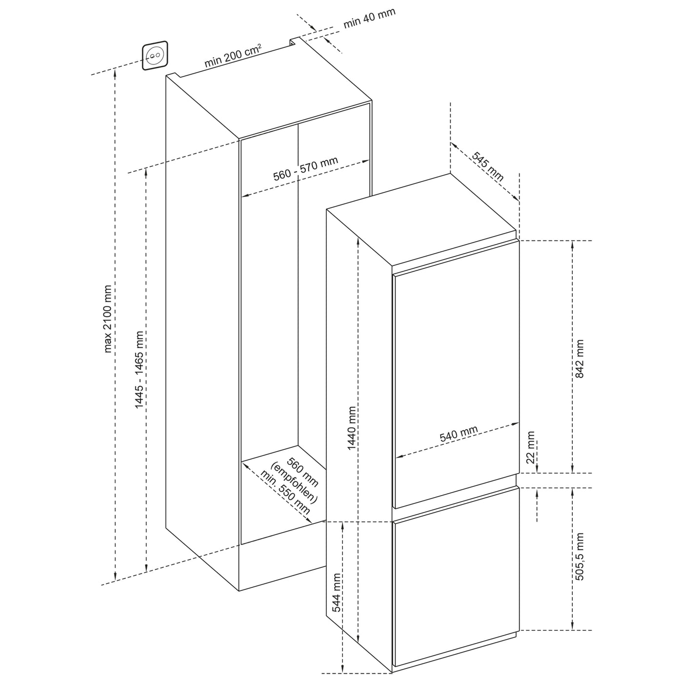 TELEFUNKEN Einbau-Kühl-Gefrierkombination | Einbaukühlschrank mit Gefrierfach (4-Sterne) | 144cm Nische | 211 Liter Gesamt-Nutzinhalt | Schlepptür | Less Frost | Temperaturregelung | C-EKG-144-ST-E