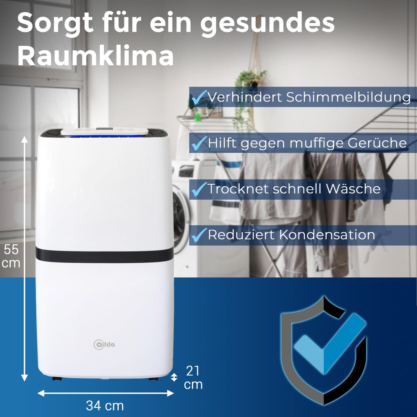 alfda AEF2000 Luftentfeuchter elektrisch - (max. 20Liter/Tag) - 4 Betriebsmodi, für Räume bis 30 m², Automatikbetrieb, Touch-Display, mit Ablaufschlauch, zum Wäsche trocknen - Gegen Feuchtigkeit...