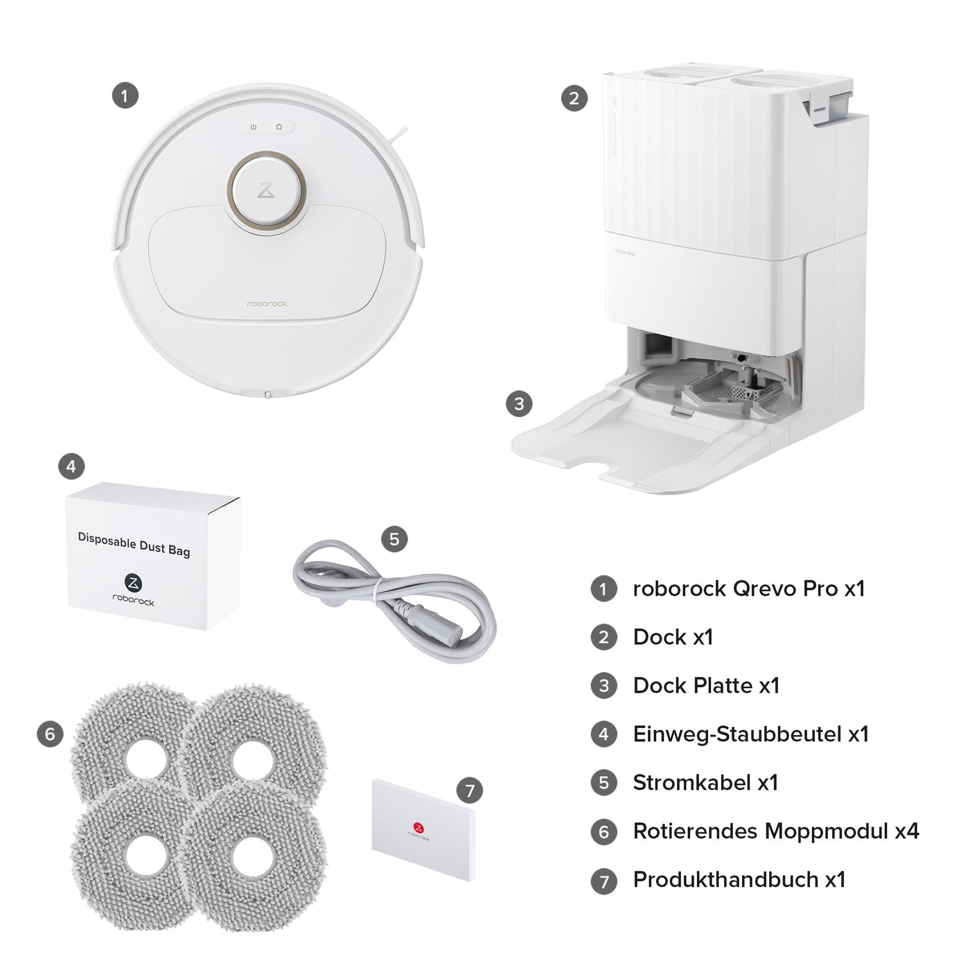 roborock Qrevo Pro Set Saugroboter mit Wischfunktion&Hebarem Wischmopp, 7000Pa, FlexiArm Design™ Kantenreinigung, 60 °C Heißwasser-Moppwäsche, zusätzlich 2 Wischmops, Roboterstaubsauger-Set(Weiß)