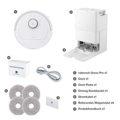 roborock Qrevo Pro Set Saugroboter mit Wischfunktion&Hebarem Wischmopp, 7000Pa, FlexiArm Design™ Kantenreinigung, 60 °C Heißwasser-Moppwäsche, zusätzlich 2 Wischmops, Roboterstaubsauger-Set(Weiß)