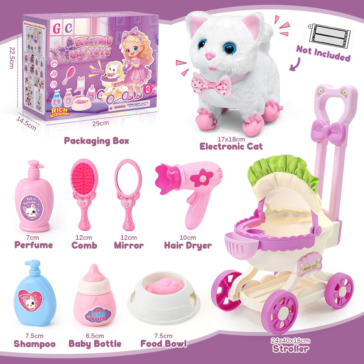 Tacobear Katzen Spielzeug Kinder 2 3 4 Jahre Kuscheltier Spielzeug Interaktives Haustier mit Elektronisch Plüsch Katze & Puppenwagen & Friseur Set Fütterung Zubehör Geschenke für Mädchen 3 4 5 6 Jahre