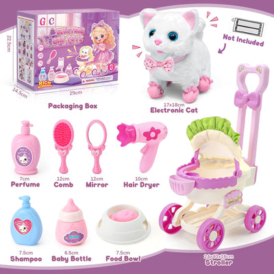 Tacobear Katzen Spielzeug Kinder 2 3 4 Jahre Kuscheltier Spielzeug Interaktives Haustier mit Elektronisch Plüsch Katze & Puppenwagen & Friseur Set Fütterung Zubehör Geschenke für Mädchen 3 4 5 6 Jahre
