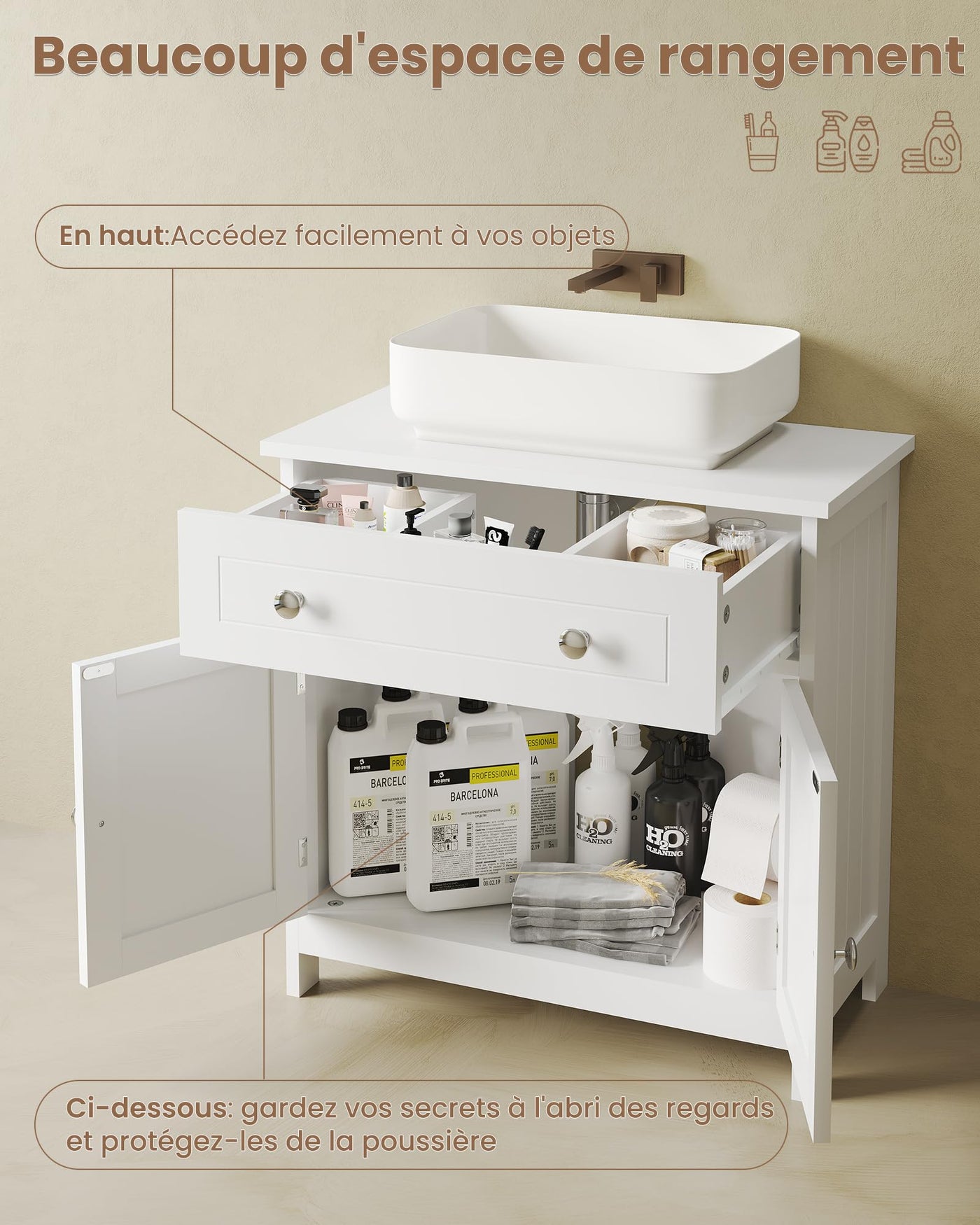 KIMENICH Waschbeckenunterschrank, Unterschrank, Waschbecken mit Unterschrank, Badezimmerschrank mit 2 Türen, Badschrank, 60 x 30 x 60 cm, Weiß