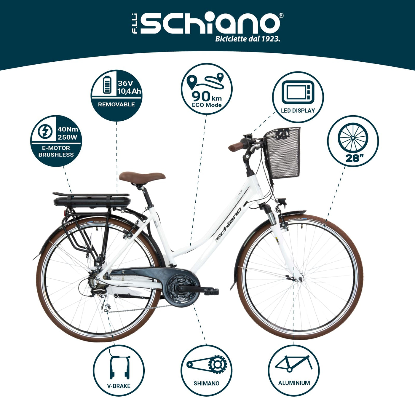 F.lli Schiano E-Ride, E Bike Trekking 28 Zoll, 36V 10.4Ah Abnehmbarer Akku, Motor 250W 40Nm, Trekking EBike für Herren/Damen, Weiss