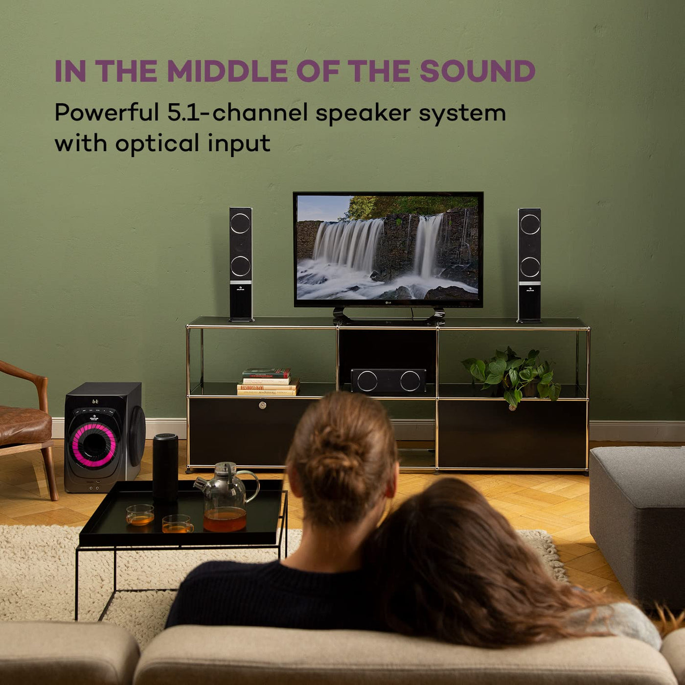 auna Areal 825 5.1 Soundsystem - 5.1 Heimkinosystem mit 200 Watt Leistung RMS, 8" Heimkino Subwoofer + 5 Lautsprecher, Bluetooth, USB, SD, AUX, inkl. Fernbedienung