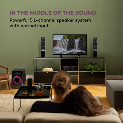 auna Areal 825 5.1 Soundsystem - 5.1 Heimkinosystem mit 200 Watt Leistung RMS, 8" Heimkino Subwoofer + 5 Lautsprecher, Bluetooth, USB, SD, AUX, inkl. Fernbedienung