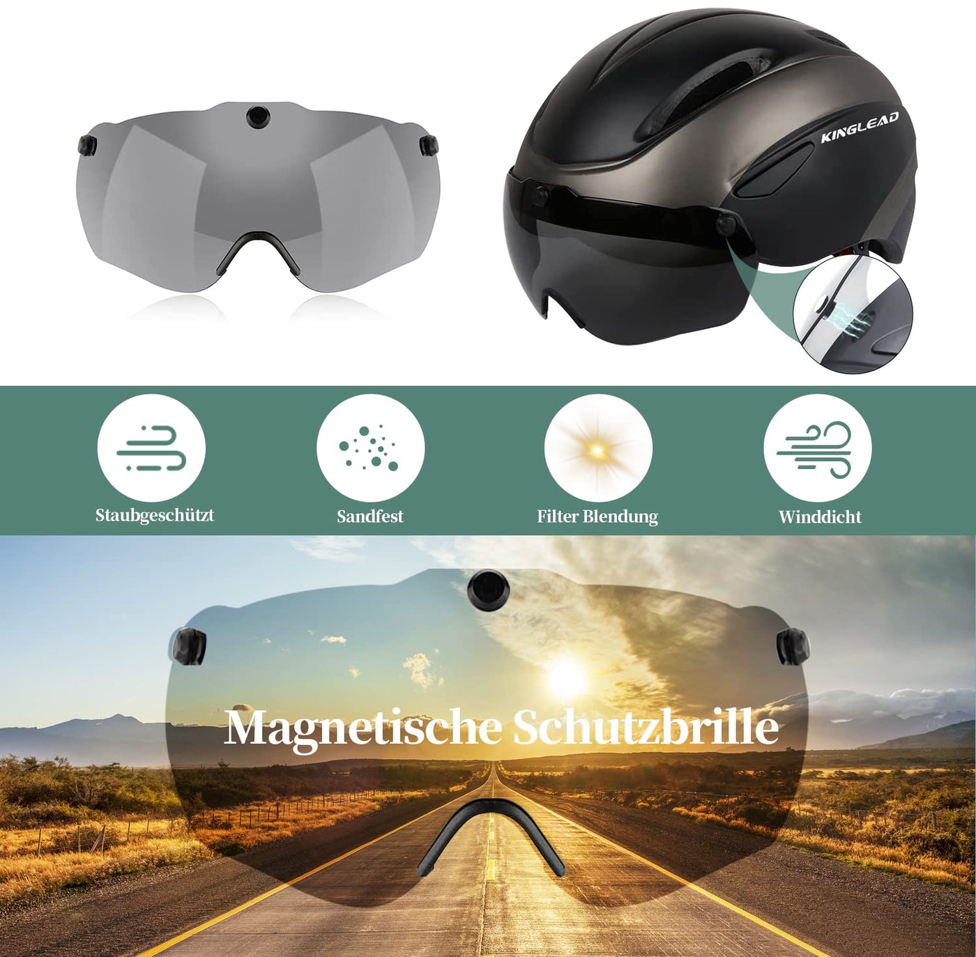 KINGLEAD Fahrradhelm,Fahrradhelm mit Magnetische Schutzbrille Fahrradhelme Einstellbarer Radhelm Rennradhelm für Erwachsenen Herren Damen Fahrradhelm MTB Mountainbike Helm
