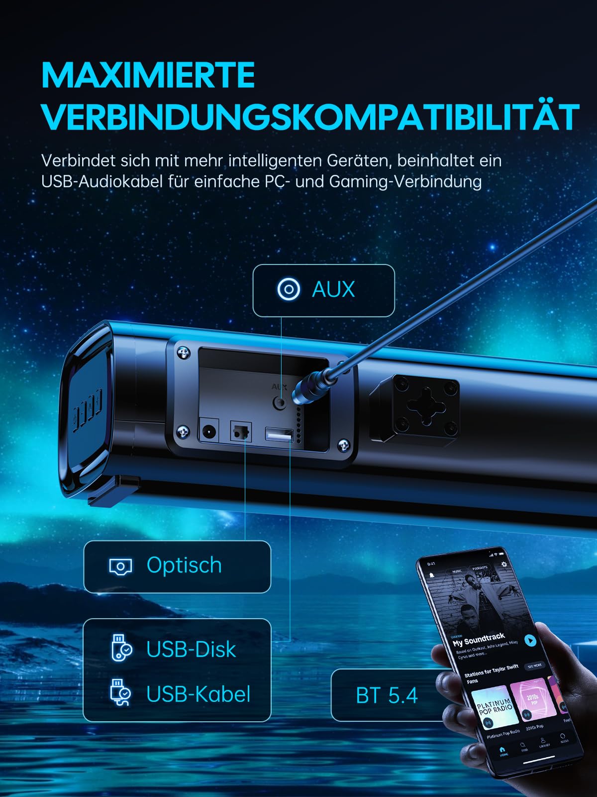 MEVOSTO Soundbar für TV Geräte PC Gaming Soundbar 60W Mini 2.1CH Integrierte Subwoofer BT5.4 Lautsprecher Computer mit USB Digital Audio/Optisch/AUX Voice Enhance 3 EQ Kompatibel Spielkonsolen-40cm