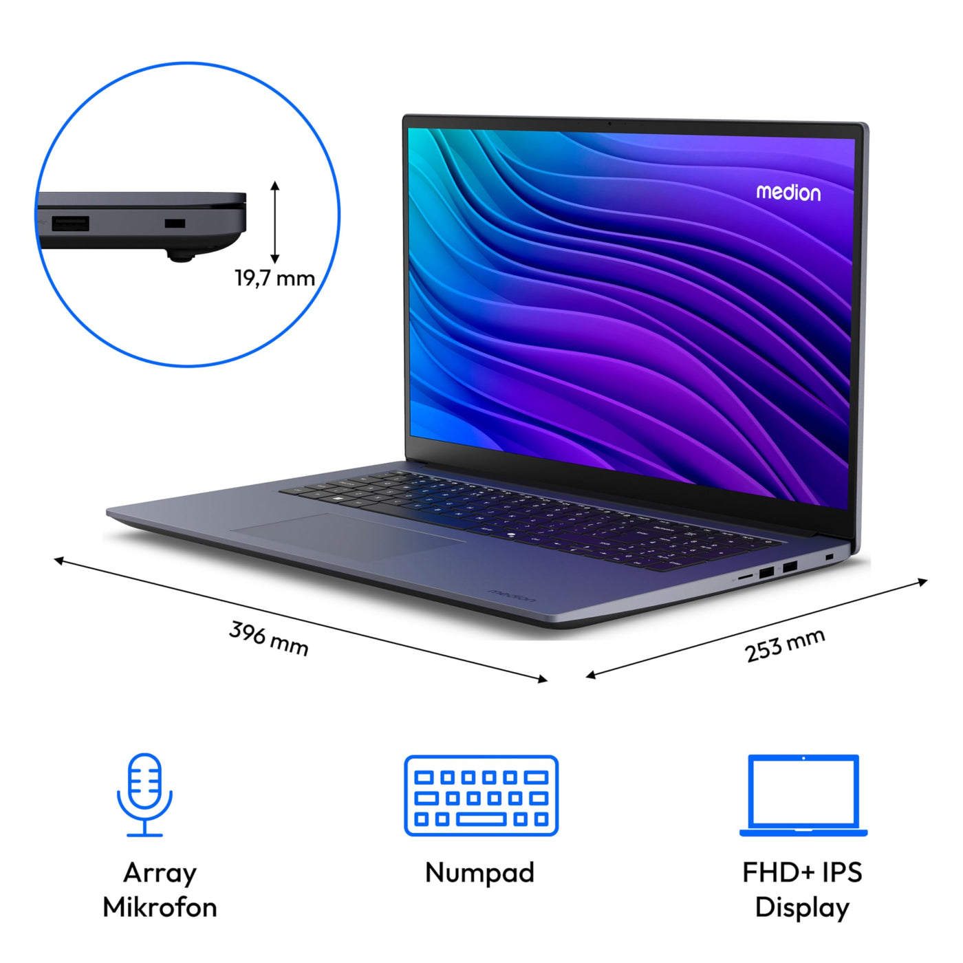 MEDION Avantum 17 E1e 43,9 cm (17,3 Zoll) Full HD Laptop (Core i3-N305, 8GB DDR4 RAM, 512GB SSD, HD Webcam, WLAN, Windows 11 Home)