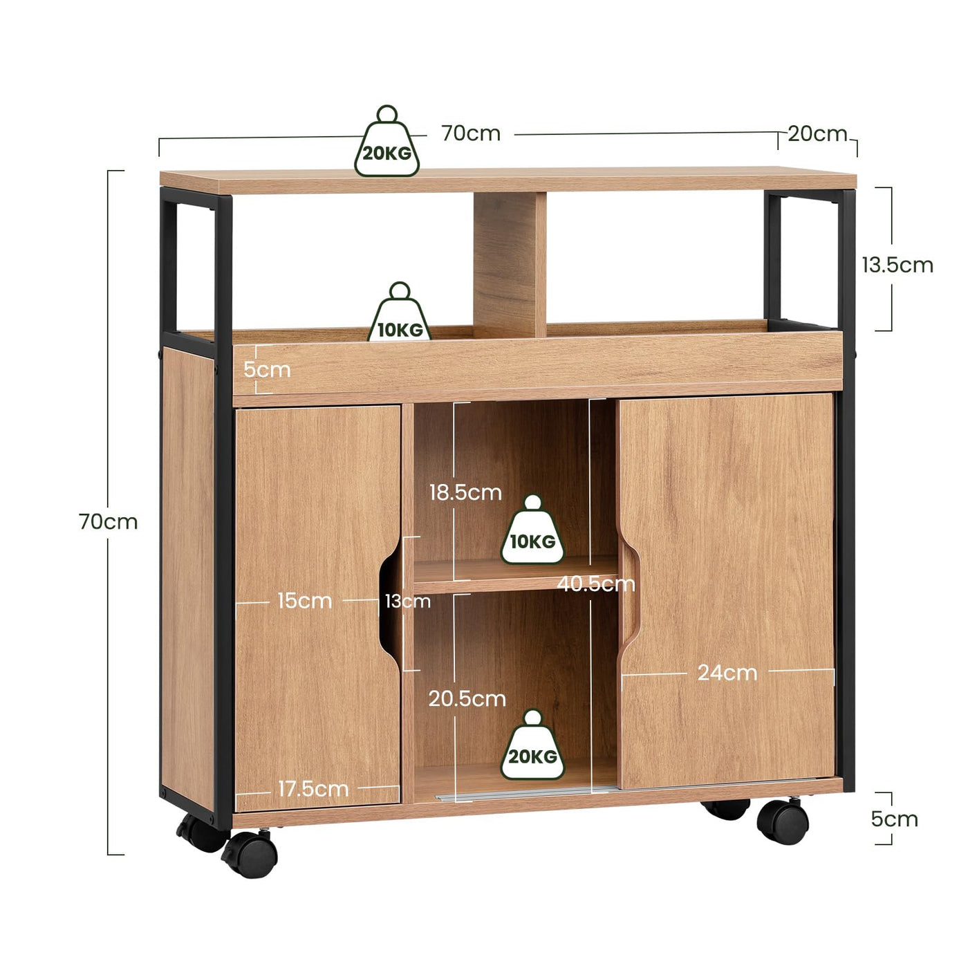EUGAD Badezimmerschrank, Nischenschrank schmal, Badschrank mit 2 offenen Fächern, Verstellbarer Ablage, Schiebetüren, Nischenregal mit Rollen, 70x70x20 cm, schwarz helle Eiche