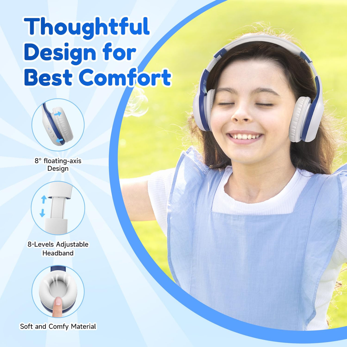 EarFun Bluetooth Kopfhörer Kinder, 85/94dB Lautstärkeregelung, HiFi Sound, HD-Mikrofon, 40 Std Akku, Faltbare, Einstellbar, Kopfhörer Kabellos Bluetooth Kinder für Schule/Reise/PC, Weiß