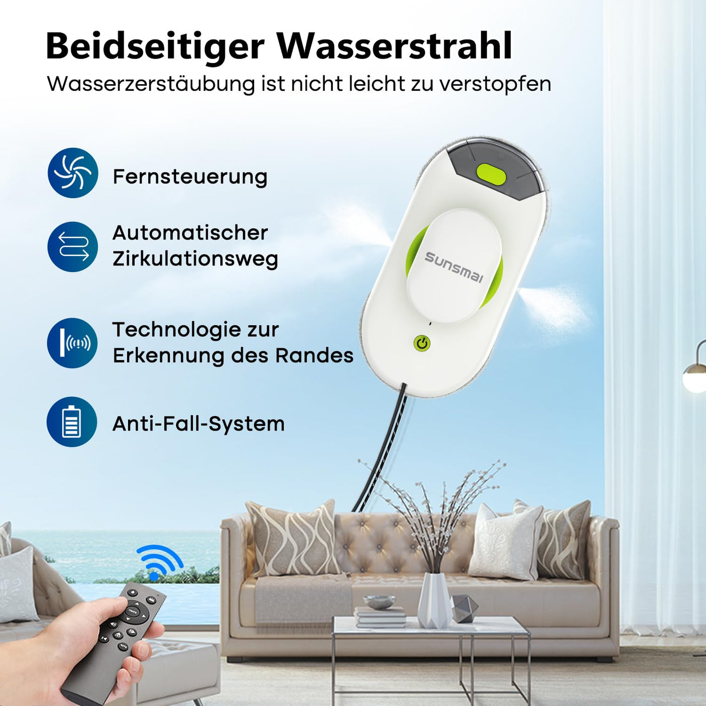 SUNSMAI S60-1A Mini Green Dual Side Spray Fensterputzroboter, Anti-verstopfungsfreie Elektrisch Automatischer Fensterroboter mit Wassersprühfunktion,3800pa Starke Anti-Drop Fensterputzer