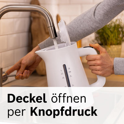Bosch kabelloser Wasserkocher MyMoment TWK3M121, Abschaltautomatik, Überhitzungsschutz, Tassenanzeige, beidseitige Wasserstandsanzeige, entnehmbarer Kalkfilter, 1,7 L, 2400 W, Weiß matt