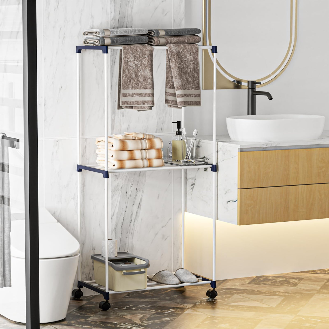 johgee Kleines Wäscheständer, Freistehender Handtuchhalter, Platzsparender Wäschetrockner Turm mit Rollen, Indoor-Trockenständer für Bäder, Wohnungen und Waschküchen 3 Ebenen