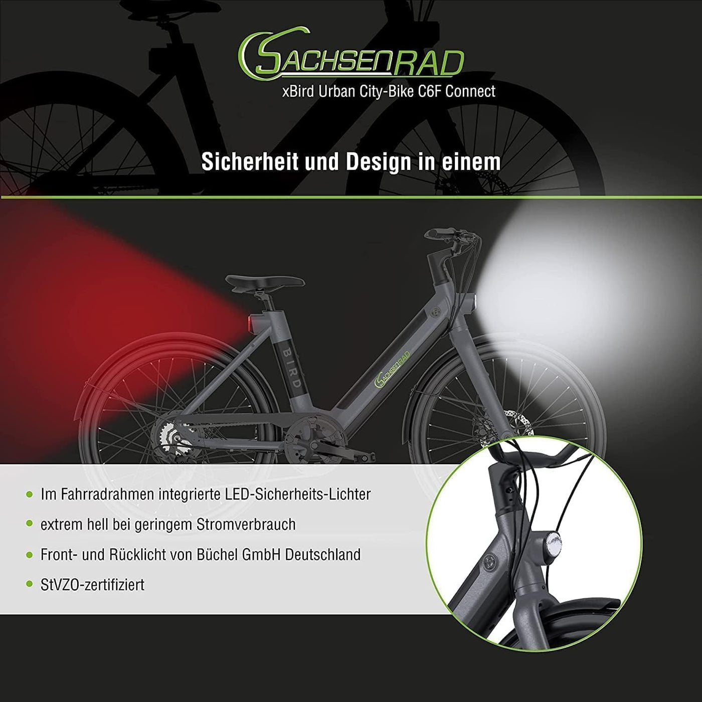 SachsenRAD xBird Urban City-Bike C6F Connect Mit Diebstahlschutz APP | Modernes Design E-Bike Elektrofahrrad mit Integriertes LCD Display und StVZO-zugelassene LED-Leuchten für 150-180CM