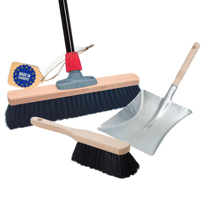 Novaliv Besen 40 cm mit Stiel Saalbesen Kunstborsten inkl. Kehrgarnitur verzinkt bestehend aus Kehrblech und Handfeger Besen fein Ideal als Werkstattbesen Hallenbesen Hausbesen mit Stiel