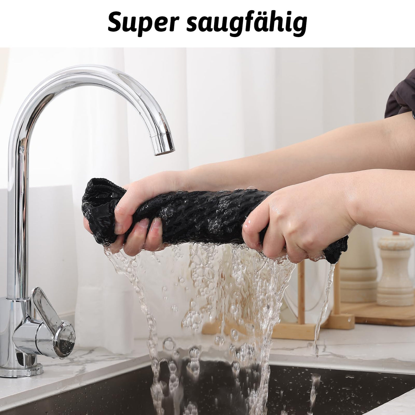 Moosfor Microfasertücher, 6er-Set, Saugfähige Fusselfrei Küchentücher Spültücher für Küche Dicke Barista Tuch Geschirrtücher Lappen, 30 x 30 cm, Schwarz