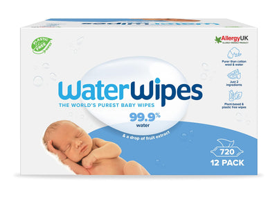 WaterWipes plastikfreie, originale Reinigungstücher für Babys, 720 Stück (12 Packungen), 99,9 % wasserbasierte Reingugnstücher, unparfümiert für empfindliche Haut