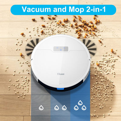 Tikom Saugroboter mit Wischfunktion 2 in 1, G8000 Pro Staubsauger Roboter, 4500Pa Starke Saugkraft Roboterstaubsauger, Selbstaufladend, WLAN, 150Mins Max, Ideal für Tierhaare, Teppich, Hartboden