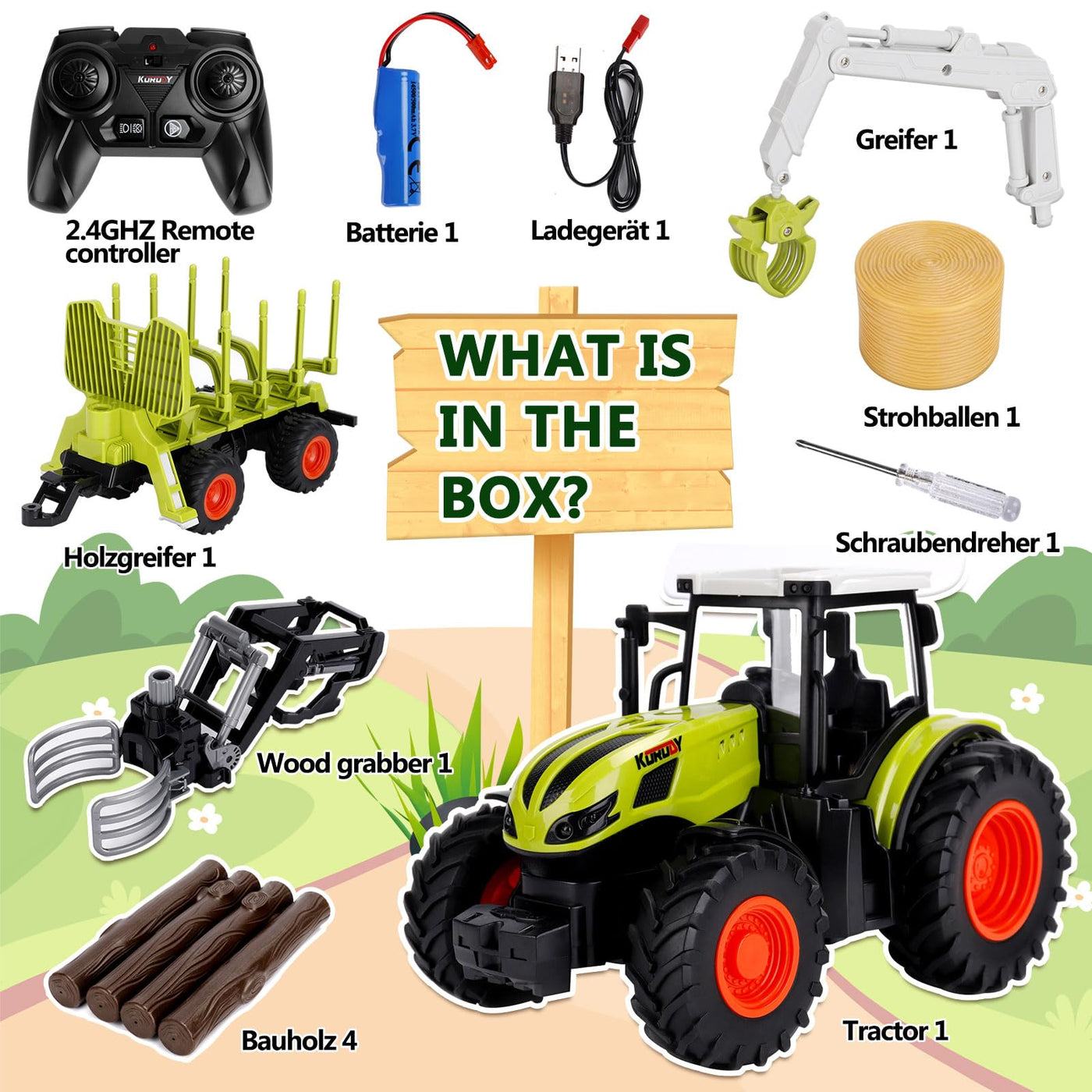 IEEILULU Ferngesteuerter Traktor Ferngesteuert, RC Traktor Spielzeug, 2.4 Ghz, 1:24, Traktor mit Anhänger, Holzgreifer, Frontlader und 4 Baumstämmen, Holztransporter Spielzeug ab 3 4 5 6 Jahre