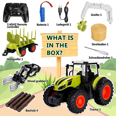 IEEILULU Ferngesteuerter Traktor Ferngesteuert, RC Traktor Spielzeug, 2.4 Ghz, 1:24, Traktor mit Anhänger, Holzgreifer, Frontlader und 4 Baumstämmen, Holztransporter Spielzeug ab 3 4 5 6 Jahre