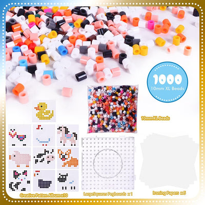 1000 Maxi XL 10mm Bügelperlen Set Bauernhof, 1 Maxi Stiftplatte, 1000 Bunte Bügelperlen, 10 Papiervorlagen, 3x Bügelpapier Kreativer Bastelspaß für Kinder ab 3 Jahren.