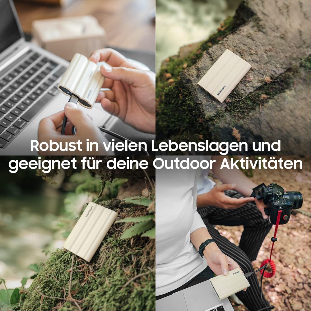 Samsung Portable SSD T7 Shield, 1 TB, USB 3.2 Gen.2, 1.050 MB/s Lesen, 1.000 MB/s Schreiben, Robuste externe Festplatte Outdoor für Mac, PC und Smartphone, Beige, MU-PE1T0K/EU