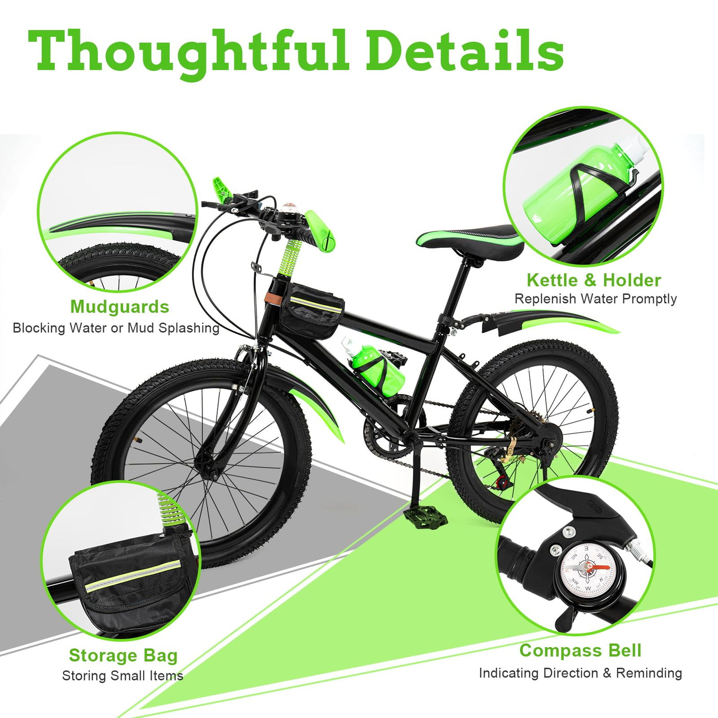 TESUGN 20 Zoll Kinderfahrrad, 7 Gang Mountainbike Kinder Fahrrad, Aluminium Mountainbike mit V-Bremse für Mädchen und Jungen, Grün