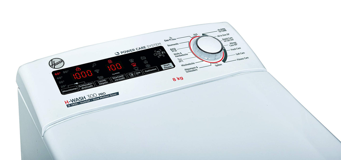 Hoover H-WASH 300 H3TFMQ48TAMCE-84 Waschmaschine Toplader / 8 kg / 1400 U/Min/BPM Inverter Motor/Power Care System/All in One Programm/Slow Motion Öffnungsmechanismus/deutsche Bedienblende
