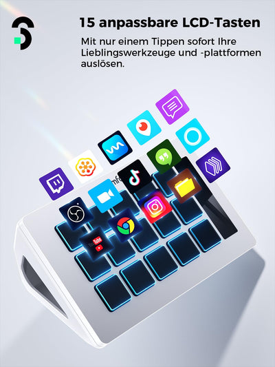 SOOMFON Stream Controller Deck Weiss, 15 anpassbaren Makrotasten, auslösen von Aktion in Software wie OBS/Twitch/YouTube/PS, Mac & Windos, für Live-Streaming, Aktienhandel & Editing
