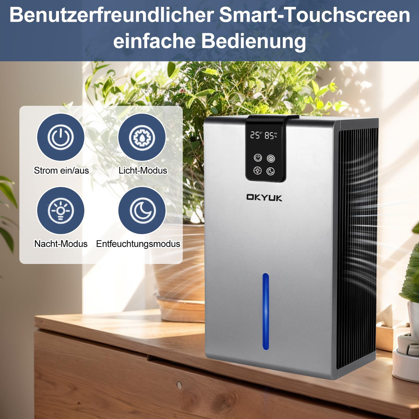 Luftentfeuchter Elektrisch 2700ml, Luftentfeuchter für Zuhause mit automatischer Abschaltung, 7-Farben-LED-Licht, ideal für Wohnmobil, Badezimmer, Schlafzimmer,Keller (Grau)