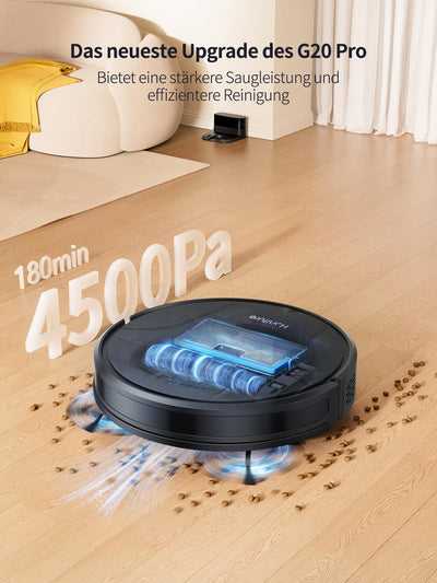 HONITURE Saugroboter mit Wischfunktion,G20 Pro Staubsauger Roboter mit 4500Pa Starke Saugkraft,7,6 cm Roboterstaubsauger mit APP Steuerung 180 Min Laufzeit,Ideal für Tierhaare,Teppiche und Hartböden