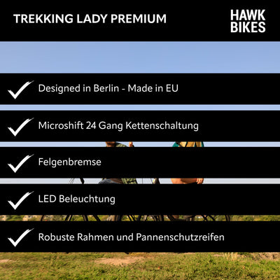 HAWK Trekking Lady Premium Fahrrad Damen 48 cm I Bike mit Microshift 24 Gang Kettenschaltung, Felgenbremse & LED Beleuchtung I Allrounder I Schwarz