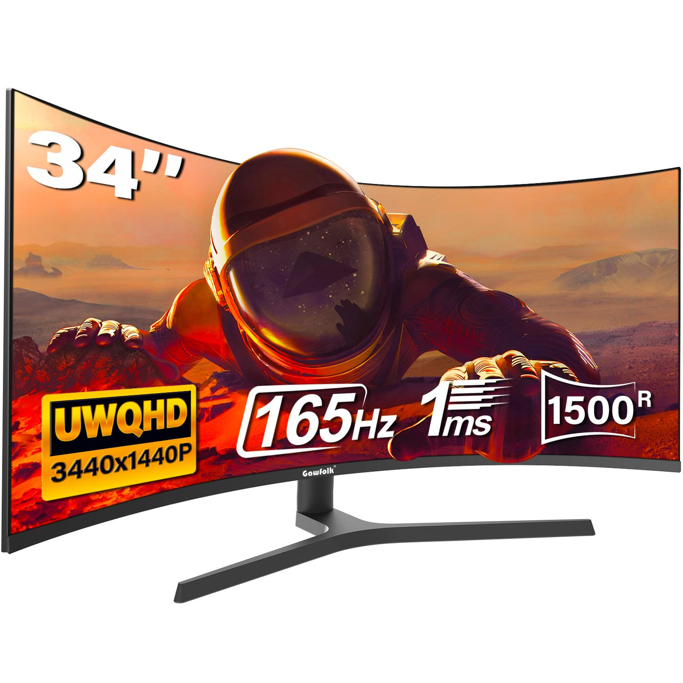 Gawfolk 34 Zoll Ultrawide Curved Gaming Monitor 165Hz, 1500R PC Bildschirm UWQHD 3440x1440 mit Höhenverstellung, Gebogenes Computerbildschirm unterstützt VESA 75 x 75 mm