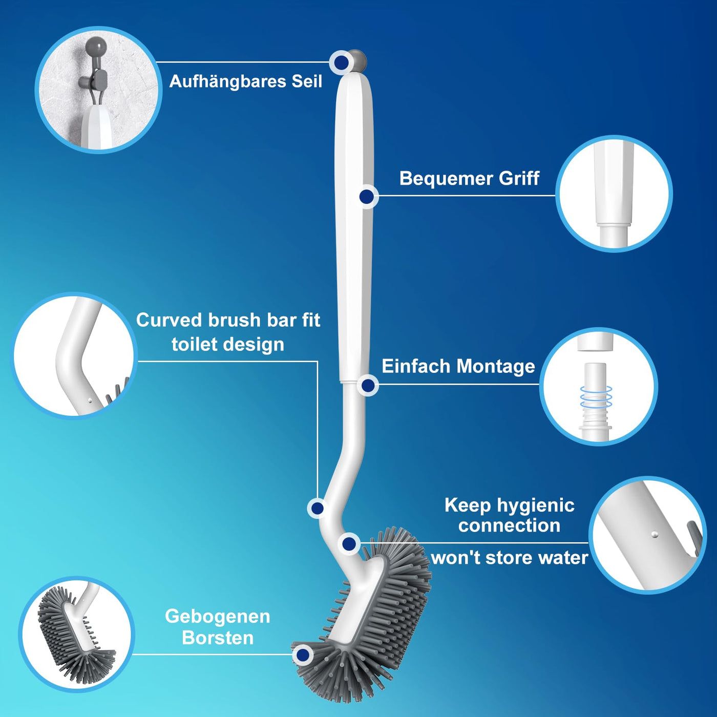HAMITOR Klobürste Silikon Toilettenbürste mit Halter: Flexible Wc Bürste mit randreiniger - Schnell Trocknendem Klobürstenhalter Set für Badezimmer Zubehör- Hängende Toilet Brush Weiß Ohne Bohren
