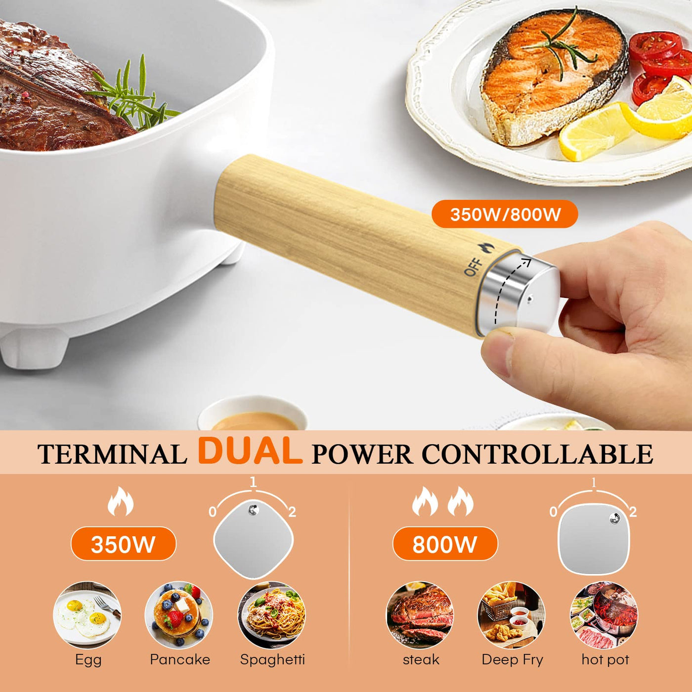 Audecook Elektrischer Hot Pot mit Dampfgarer, 2L/20cm Antihaft Elektropfanne mit Keramikglasur, Tragbarer Multikocher für Ramen, Steak, Ei, Haferflocken, Suppe, 350W/800W (E(WEISS,MIT DAMPFGARER))