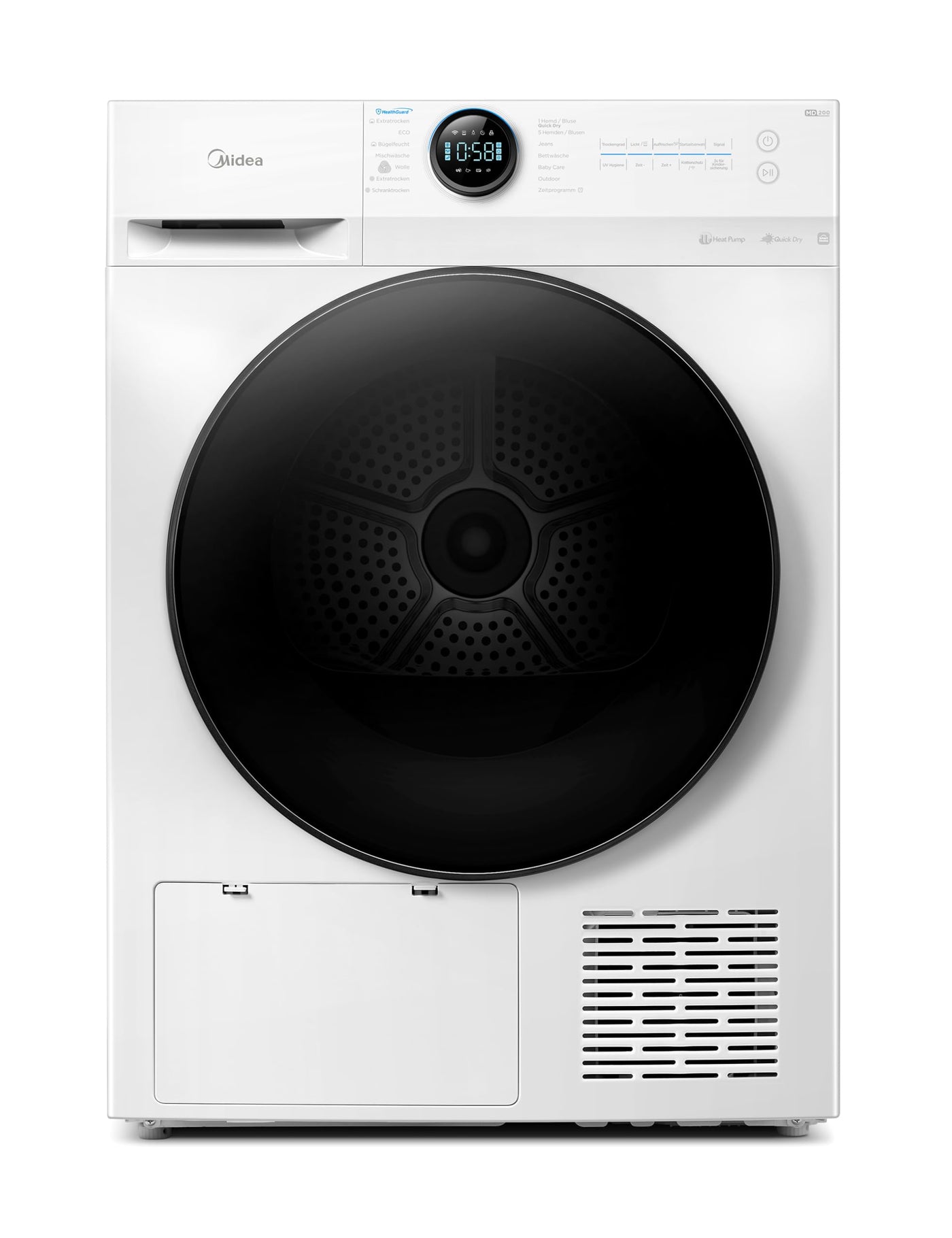 Midea MD20EH80WB-A3 Wärmepumpentrockner/ 8 kg/EEK A+++ / UV Hygience/Knitterschutz/Sanfte Pflege/Auto Dry/Wollpflege/Auffrischen/Fernsteuerung/Startzeitvorwahl/Weiß
