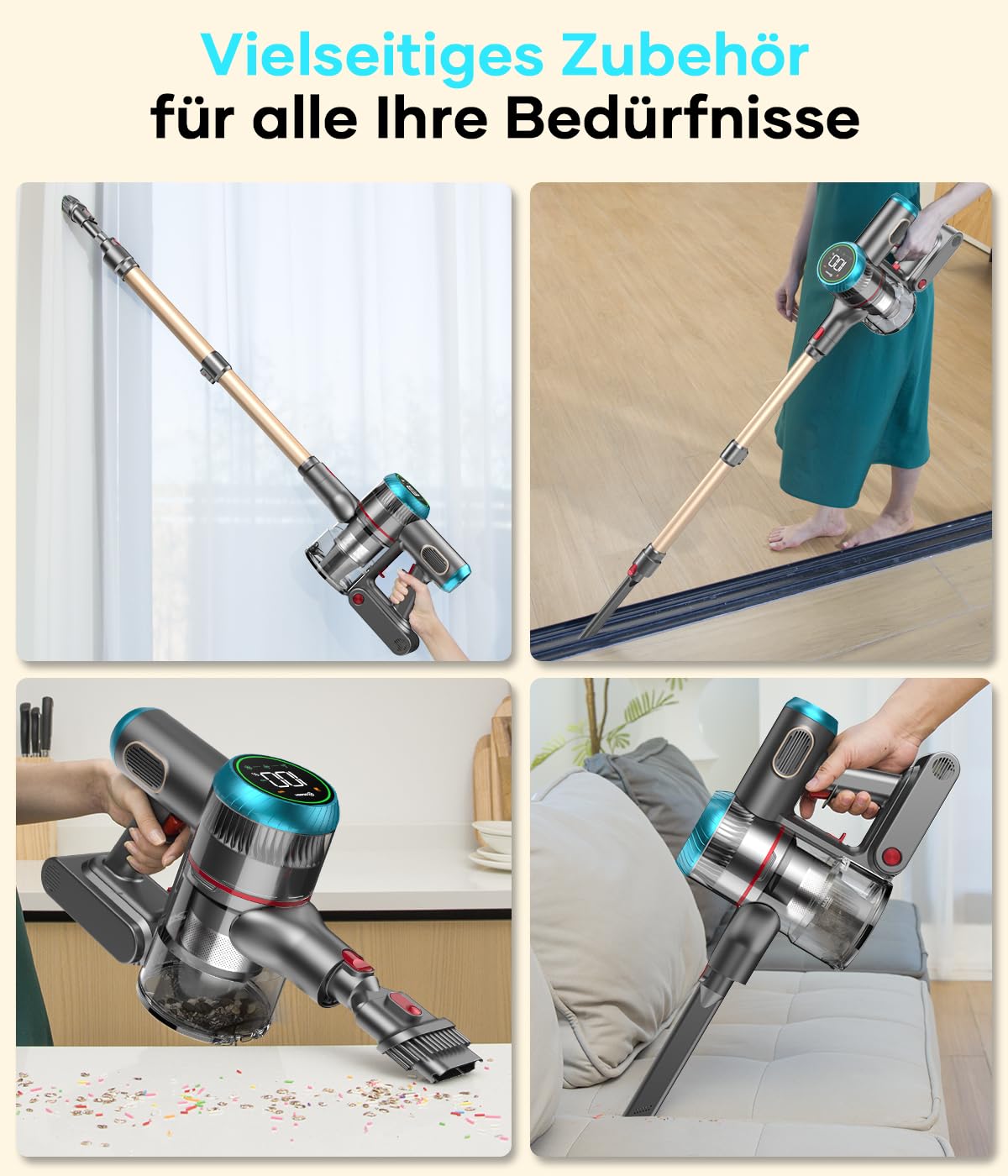 ZCAISH Akku Staubsauger, 45000Pa/550W/60 Mins Staubsauger Kabellos mit Smart Display, Staubsauger mit Wandmontiertes Laden & Anti-Verhedderung-Bürste für Teppich, Hartboden und Tierhaare(Upgrade)