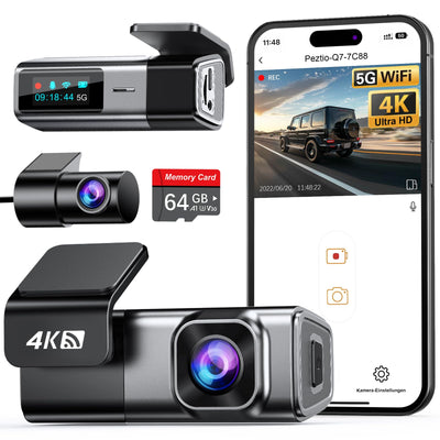 Dashcam Auto Vorne Hinten 4K+1080P, Navycrest 5GHz WiFi Dash Cam mit 64GB SD Karte, Dual Auto Kamera mit Super Nachtsicht, WDR, G-Sensor, 24/7 Parküberwachung, Loop-Aufnahme, APP Steuerung, Max 256G
