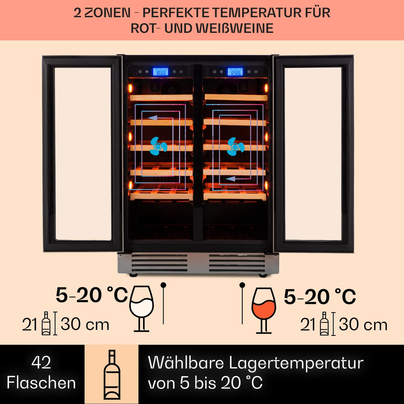 Klarstein Einbau-Weinkühlschrank, 2 Zonen Getränkekühlschrank Klein, Kleiner Weinschrank 126L, Wein-Kühlschrank Klein mit Glastür, Indoor/Outdoor Flaschenkühlschrank, Wine Fridge für 42 Flaschen
