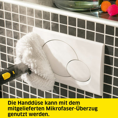 Kärcher Dampfreiniger SC 2 EasyFix, Dampfdruck: 3,2 bar, Aufheizzeit: 6,5 min., Leistung: 1.500 W, Flächenleistung: 75 m², Tank: 1 l, mit Bodenreinigungsset EasyFix, Düsen und Mikrofaserbezug, Gelb