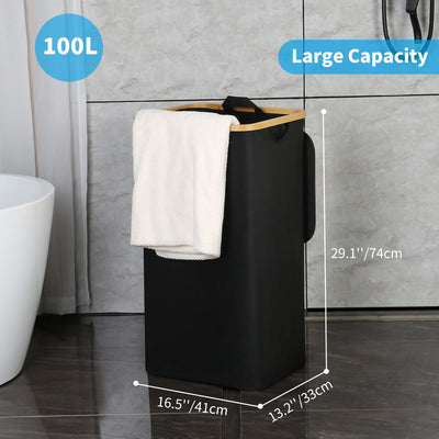 efluky Wäschekorb mit Deckel, 100 Liter hoher Wäschebox mit Bambus Henkel und Innentasche, faltbarer groß XXL Waschekorbsammler, Laundry Baskets für Schlafzimmer Badezimmer, schwarz