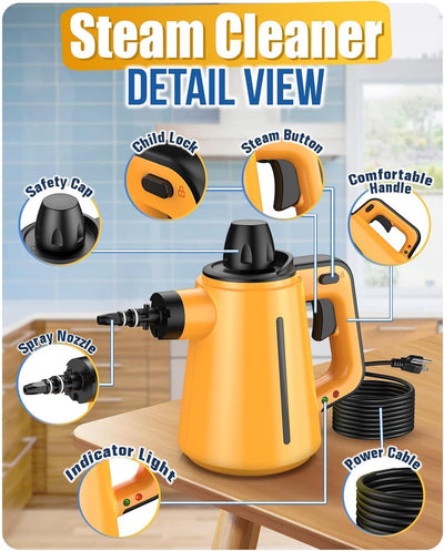 Tragbarer Dampfreiniger Handgerät, 1050W Dampfreiniger für Alles mit 10 Zubehörteilen Dampfdruck 3.5Bar Aufheizzeit 3Min Tank 380ML Dampfente Handdampfreiniger, Steam Cleaner Sofa Boden Polstermöbel