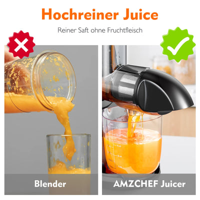 AMZCHEF Entsafter Gemüse und Obst Testsieger - Entsafter Slow Juicer mit Rückwärts-Kau-Funktion - Zartes Zerkleinern ohne Filtern - Saftpresse Elektrisch mit Bürste und 2 Tassen - Silber