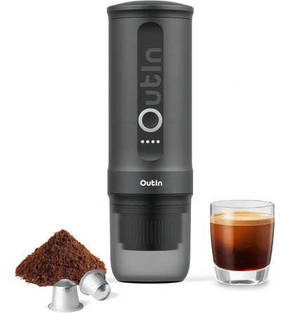 Outin Nano tragbare elektrische Espressomaschine, Camping-Kaffeemaschine, Selbsterhitzung mit USB-C, kompatibel mit gemahlenem Kaffee & NS-Kapsel