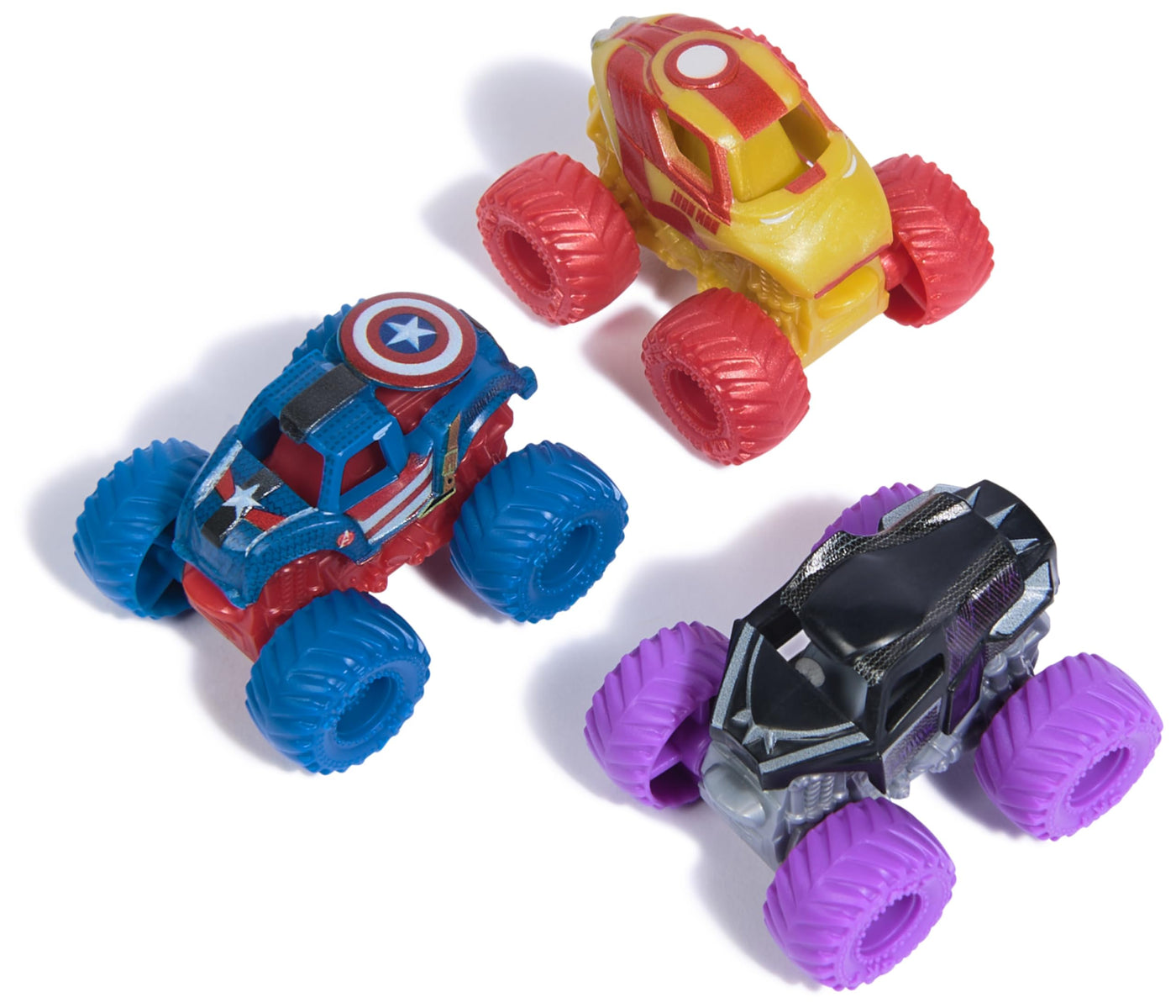 Monster Jam Marvel - Mini-Truck 3er-Set mit Black Panther, Captain America, Iron Man, Maßstab 1:87, robust und mit coolen Details, für monstermäßige Superhelden-Action an jedem Ort, ab 3 Jahren