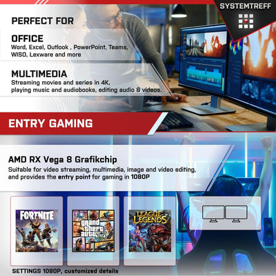 SYSTEMTREFF Basic Gaming PC AMD Ryzen 7 5700G 8x4.6GHz | AMD Radeon RX Vega 8 4K HDMI DX12 | 1TB M.2 NVMe | 32GB DDR4 RAM, Windows 11 Pro | WLAN Desktop Computer Rechner für Gamer, Zocker