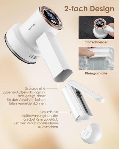 HOMEASY Fusselrasierer Elektrisch Tragbar Fusselentferner Aufladbar Fusselfräse LCD Anzeige mit 6 Klingen Kopf 3 Geschwindigkeiten 2 Ersatzklingen Reinigungsbürste Weiß